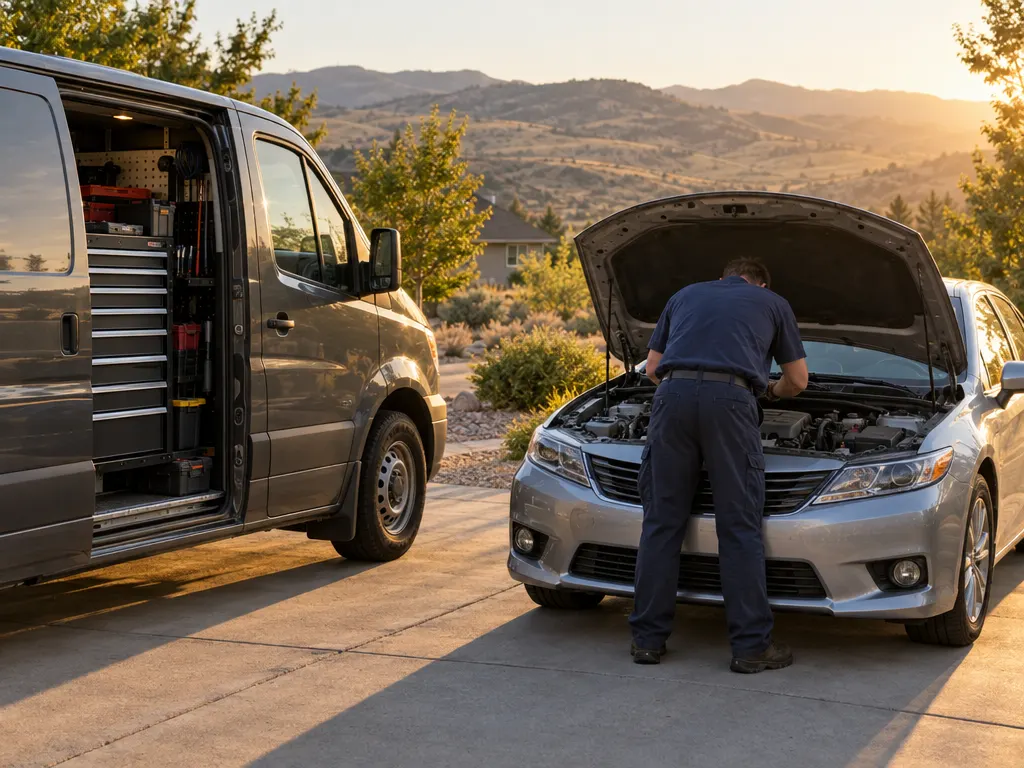 A mechanic working under the hood of a sedan in a Boise driveway, a work van parked beside it at sunrise